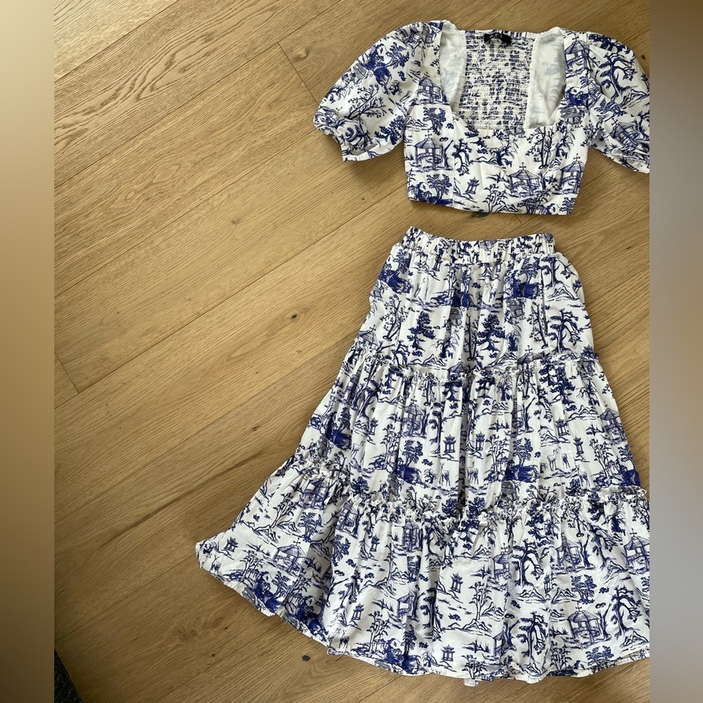 O.P.T Blue Toile Print Crop Top Puff Sleeve Skirt Set Cottagecore Small Anthro - Picture 3 of 10